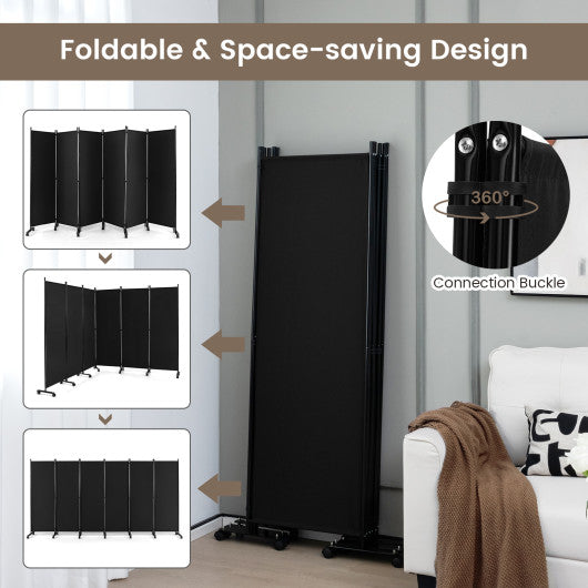 6 Panel 5.7 Feet Tall Rolling Room Divider on Wheels-Black Sale