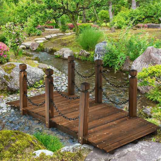 5 Feet Wooden Garden Bridge Arc Footbridge Stained Finish Walkway with Safety Rails For Sale