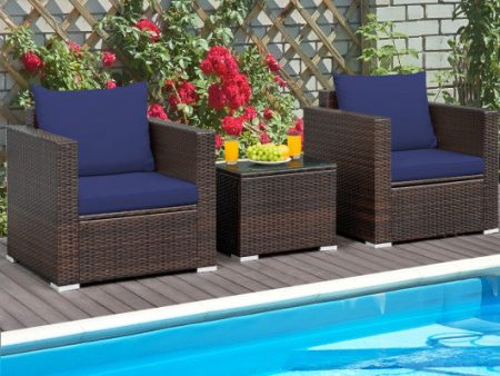 3 Pcs Patio Conversation Rattan Furniture Set with Cushion-Blue Sale