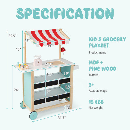 Kids Wooden Ice Cream Cart with Chalkboard and Storage Supply