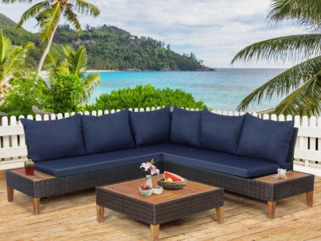 4 Pieces Patio Cushioned Rattan Furniture Set with Wooden Side Table-Navy Online Hot Sale