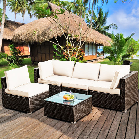 5 Pieces Cushioned Patio Rattan Furniture Set with Glass Table-White Fashion