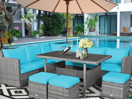 7 Pieces Patio Rattan Dining Furniture Sectional Sofa Set with Wicker Ottoman-Turquoise Online Hot Sale