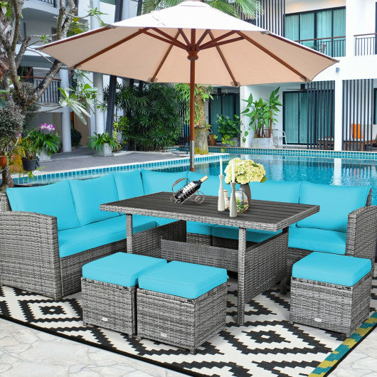 7 Pieces Patio Rattan Dining Furniture Sectional Sofa Set with Wicker Ottoman-Turquoise Online Hot Sale