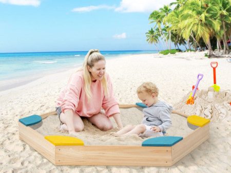 Outdoor Solid Wood Sandbox with 6 Built-in Fan-shaped Seats Online Sale