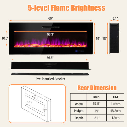 50 60 Inch Wall Mounted Recessed Electric Fireplace with Decorative Crystal and Log-60 inches Hot on Sale