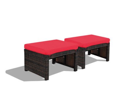 2 Pieces Patio Rattan Ottomans with Soft Cushion for Patio and Garden-Red For Cheap