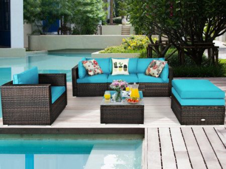 6 Pcs Patio Rattan Furniture Set with Sectional Cushion-Turquoise Online