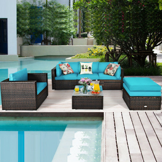 6 Pcs Patio Rattan Furniture Set with Sectional Cushion-Turquoise Online