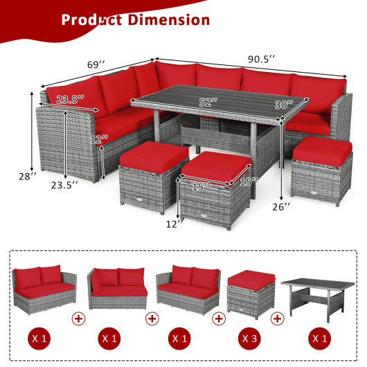 7 Pieces Patio Rattan Dining Furniture Sectional Sofa Set with Wicker Ottoman-Red Online Hot Sale