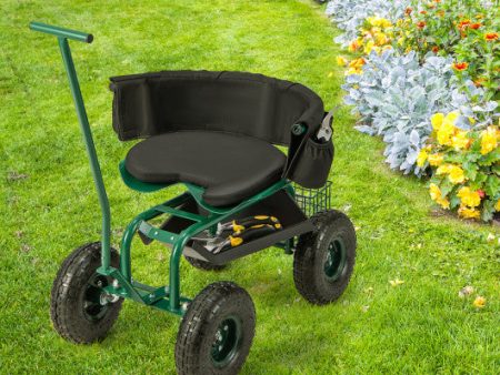 Rolling Garden Cart with Height Adjustable Swivel Seat and Storage Basket-Green For Discount