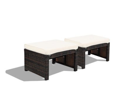 2 Pieces Patio Rattan Ottomans with Soft Cushion for Patio and Garden-White Online Hot Sale