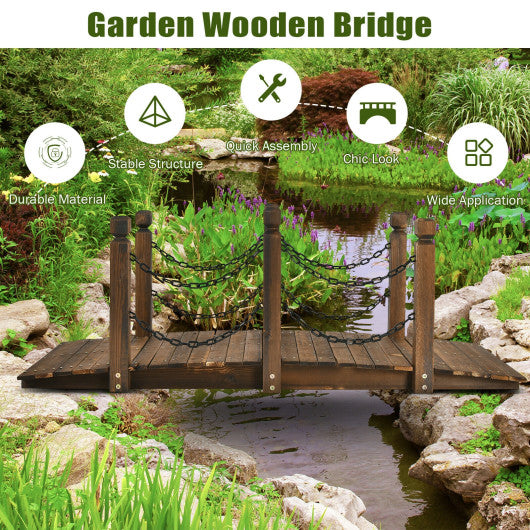 5 Feet Wooden Garden Bridge Arc Footbridge Stained Finish Walkway with Safety Rails For Sale