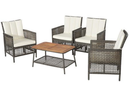 5 Pieces Patio Rattan Furniture Set Cushioned Sofa Armrest Wooden Tabletop-Off White Cheap