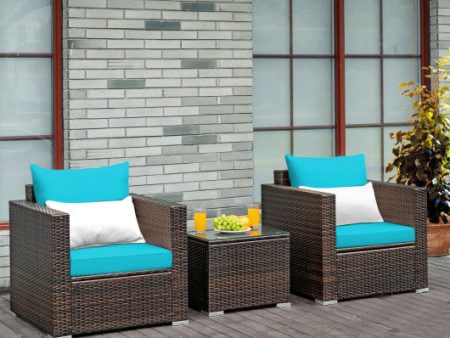 3 Pcs Patio Conversation Rattan Furniture Set with Cushion-Turquoise Fashion