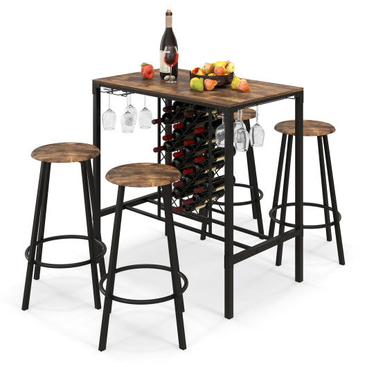 5 Pieces Bar Table and Stools Set with Wine Rack and Glass Holder-Rustic Brown Online now