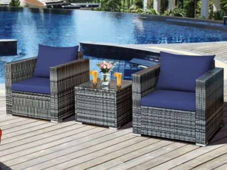 3 Pcs Patio Rattan Furniture Bistro Sofa Set with Cushioned-Navy Fashion