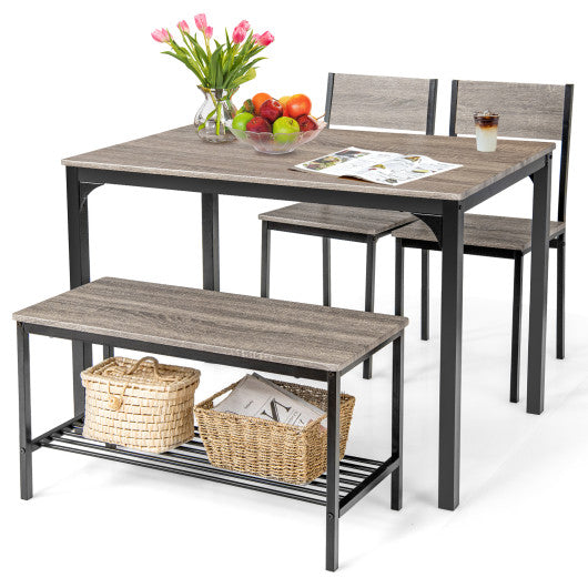 4 Pieces Rustic Dining Table Set with 2 Chairs and Bench-Gray For Sale