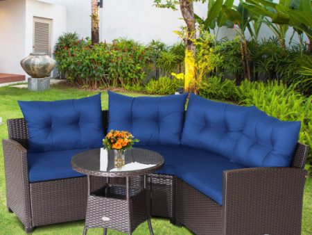 4 Pieces Patio Rattan Furniture Set Cushioned Sofa Glass Table-Navy Fashion