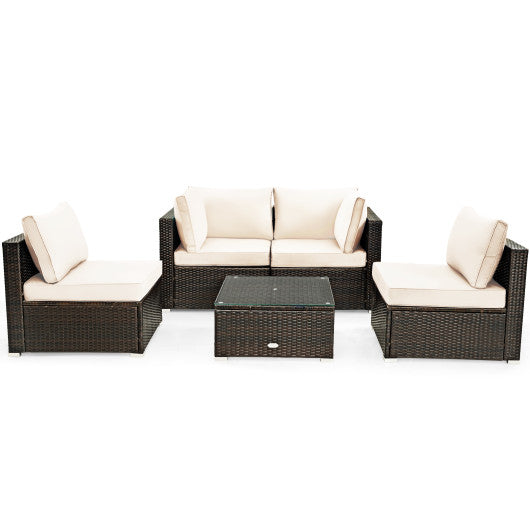 5 Pieces Cushioned Patio Rattan Furniture Set with Glass Table-White Fashion