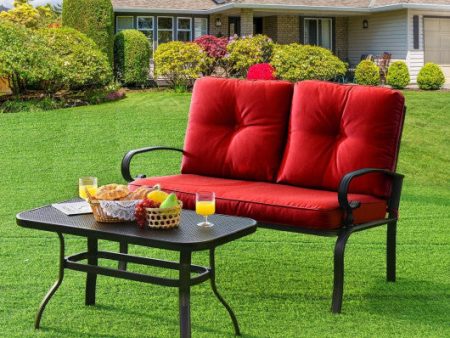 2 Pieces Patio Loveseat Bench Table Furniture Set with Cushioned Chair-Red For Cheap