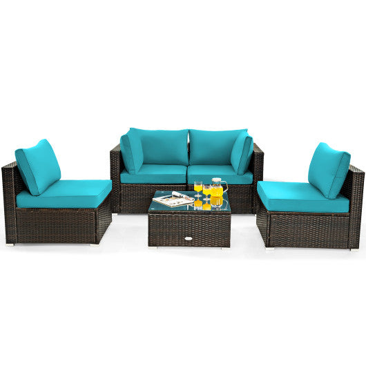 5 Pieces Cushioned Patio Rattan Furniture Set with Glass Table-Turquoise For Discount