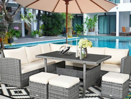 7 Pieces Patio Rattan Dining Furniture Sectional Sofa Set with Wicker Ottoman-Beige For Discount