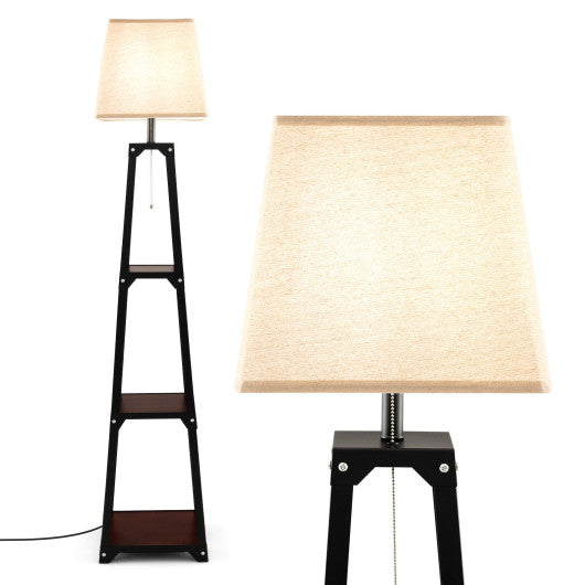 Trapezoidal Designed Floor Lamp with 3 Tiered Storage Shelf-Brown Online