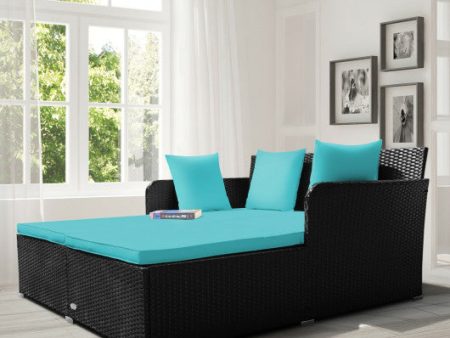 Spacious Outdoor Rattan Daybed with Upholstered Cushions and Pillows-Turquoise Discount