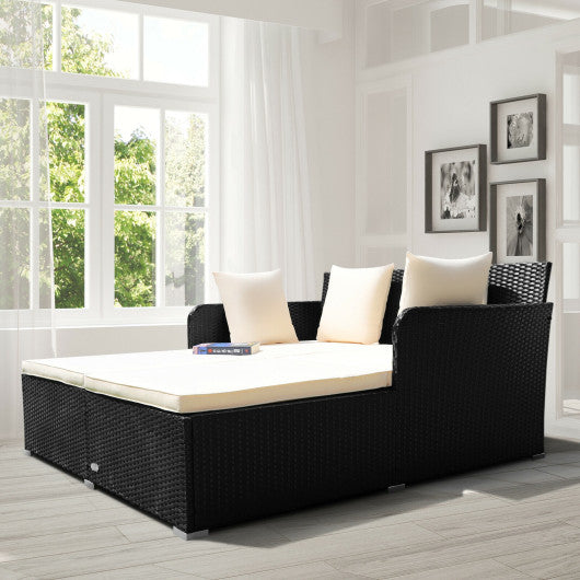 Spacious Outdoor Rattan Daybed with Upholstered Cushions and Pillows-White Hot on Sale