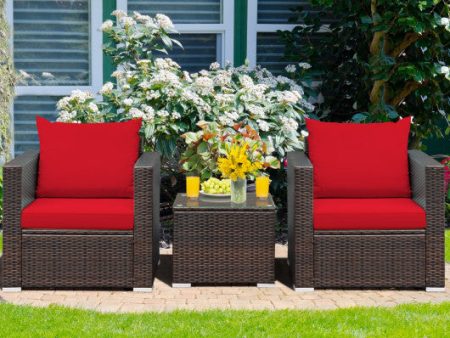 3 Pcs Patio Conversation Rattan Furniture Set with Cushion-Red Online Hot Sale