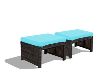 2 Pieces Patio Rattan Ottomans with Soft Cushion for Patio and Garden-Turquoise Fashion